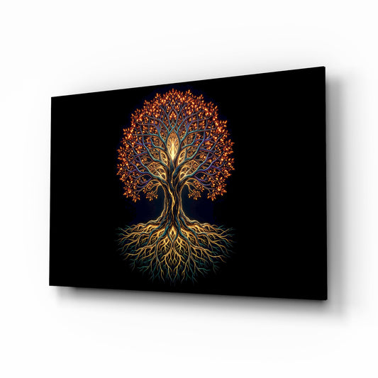 Golden Tree of Life Glowing Roots Glass Wall Art - Lifestyle preview in a designer interior
