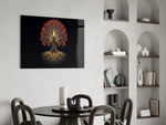golden tree of life with glowing roots glass wall art leaning beside a dark leather sofa