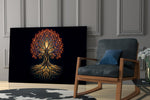 golden tree of life with glowing roots panel resting in a shelving niche in a modern interior