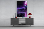 purple fastback coupe under neon palms glass wall art displayed above a console in a designer interior