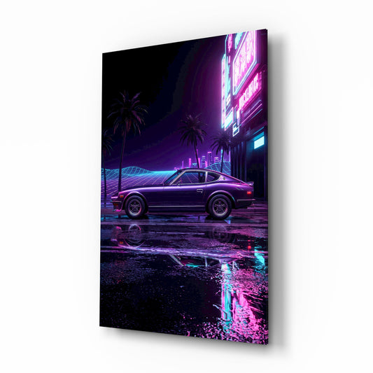 Purple Fastback Coupe Synthwave Glass Wall Art - Lifestyle preview in a designer interior