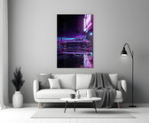 purple fastback coupe under neon palms panel bringing character to a minimalist living room wall