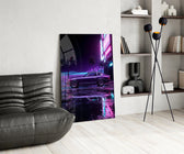 purple fastback coupe under neon palms glass wall art leaning beside a dark leather sofa