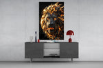 a roaring lion with a molten lava mane glass wall art displayed above a console in a designer interior