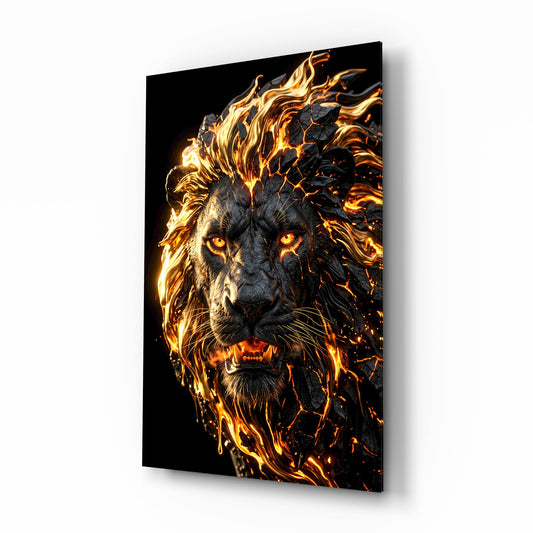 Molten Lava Mane Roaring Lion Glass Wall Art - Lifestyle preview in a designer interior