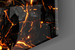 Close-up detail of the cracked obsidian hide and burning amber eyes on the glass surface