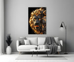 a roaring lion with a molten lava mane panel bringing character to a minimalist living room wall