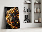a roaring lion with a molten lava mane panel resting in a shelving niche in a modern interior