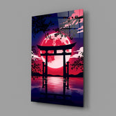 a torii gate before a crimson moon glass wall art angled to show the polished tempered glass panel