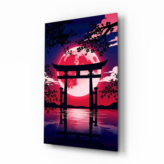 Crimson Moon Torii Gate Blossom Glass Wall Art - Lifestyle preview in a designer interior