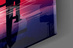Close-up detail of the cherry blossom branches crossing the red moon on the glass surface