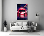 a torii gate before a crimson moon panel bringing character to a minimalist living room wall