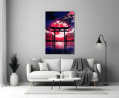 a torii gate before a crimson moon panel bringing character to a minimalist living room wall