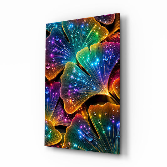 Rainbow Neon Ginkgo Leaves Glass Wall Art - Lifestyle preview in a designer interior