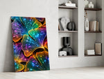 rainbow neon ginkgo leaves with dewdrops panel resting in a shelving niche in a modern interior