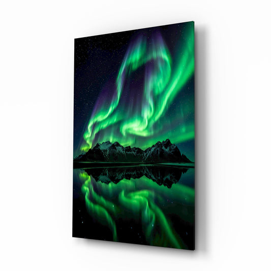 Green Aurora Mirrored Peaks Glass Wall Art - Lifestyle preview in a designer interior