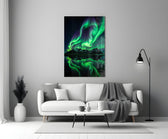 a green aurora over mirrored peaks panel bringing character to a minimalist living room wall