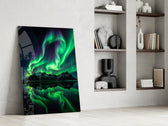 a green aurora over mirrored peaks panel resting in a shelving niche in a modern interior