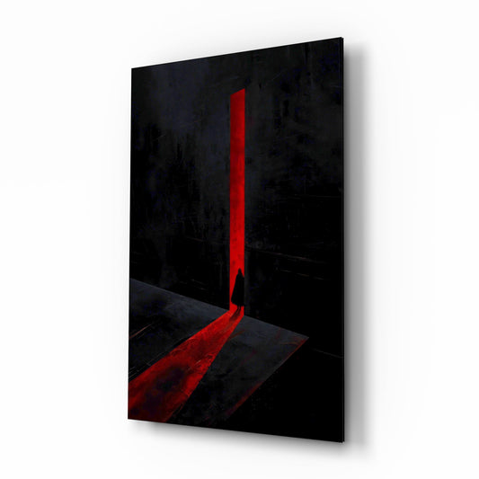 Red Doorway Cloaked Figure Glass Wall Art - Lifestyle preview in a designer interior