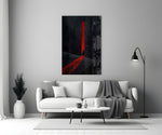 a cloaked figure at a red doorway panel bringing character to a minimalist living room wall