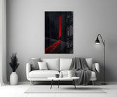 a cloaked figure at a red doorway panel bringing character to a minimalist living room wall