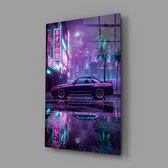 a purple sports coupe on a neon street glass wall art angled to show the polished tempered glass panel