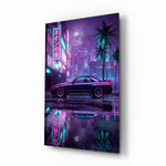 Neon Street Purple Sports Coupe Glass Wall Art - Lifestyle preview in a designer interior