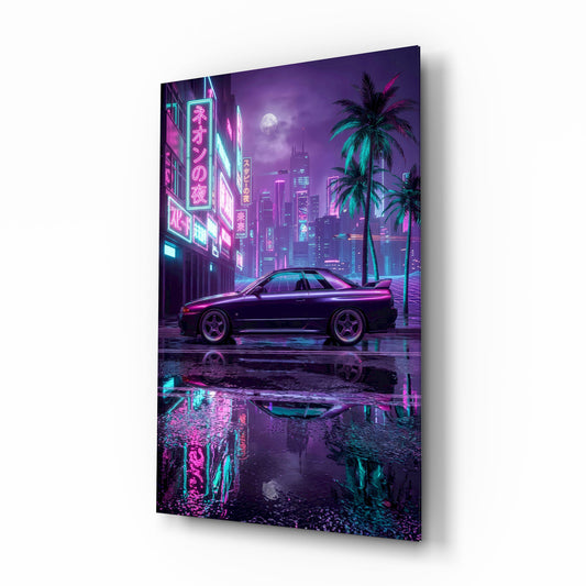 Neon Street Purple Sports Coupe Glass Wall Art - Lifestyle preview in a designer interior