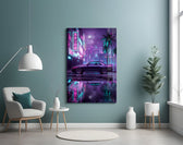 a purple sports coupe on a neon street glass wall art styled above an armchair in a reading corner
