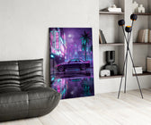 a purple sports coupe on a neon street glass wall art leaning beside a dark leather sofa