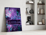 a purple sports coupe on a neon street panel resting in a shelving niche in a modern interior