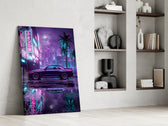 a purple sports coupe on a neon street panel resting in a shelving niche in a modern interior