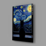 black cat at a starry night window glass wall art angled to show the polished tempered glass panel