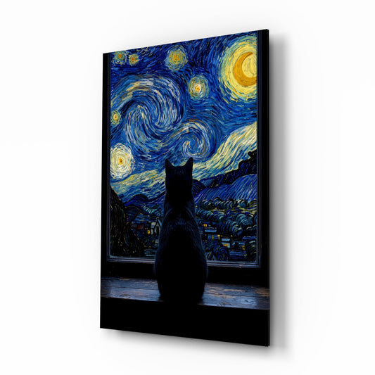 Black Cat at the Starry Night Window Glass Wall Art - Lifestyle preview in a designer interior