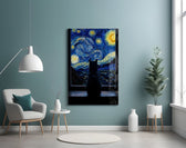 black cat at a starry night window glass wall art styled above an armchair in a reading corner