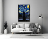 black cat at a starry night window panel bringing character to a minimalist living room wall