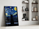 black cat at a starry night window panel resting in a shelving niche in a modern interior