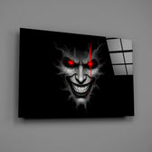 cracked gray grinning demon face glass wall art angled to show the polished tempered glass panel