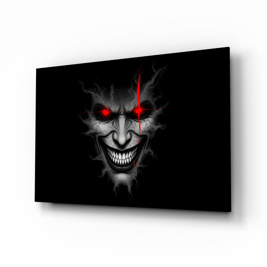 Cracked Gray Grinning Demon Face Glass Wall Art - Lifestyle preview in a designer interior
