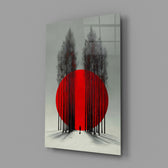 crimson sun behind bare poplars glass wall art angled to show the polished tempered glass panel