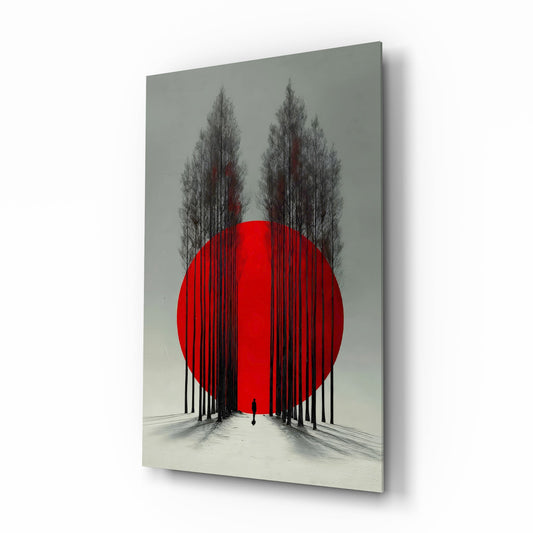 Crimson Sun Behind Bare Poplars Glass Wall Art - Lifestyle preview in a designer interior
