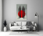 crimson sun behind bare poplars panel bringing character to a minimalist living room wall