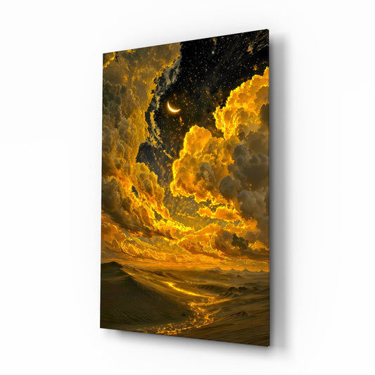 Golden Cloud Crescent Moon Desert Glass Wall Art - Lifestyle preview in a designer interior