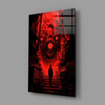 many-eyed monster over a red alley stairway glass wall art angled to show the polished tempered glass panel