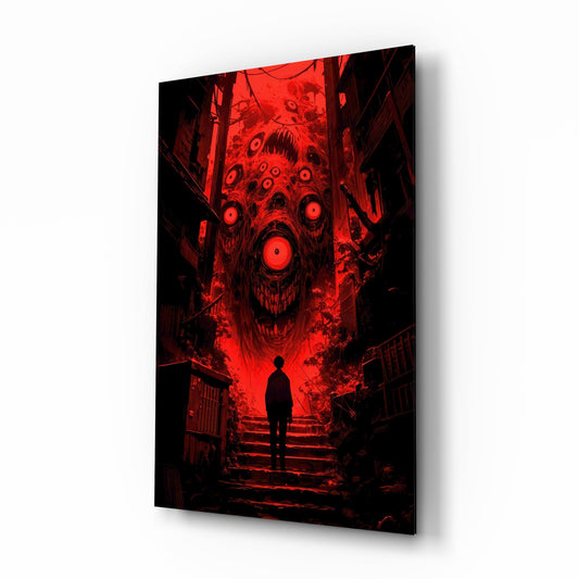Crimson Many-Eyed Monster Alley Glass Wall Art - Lifestyle preview in a designer interior