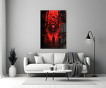 many-eyed monster over a red alley stairway panel bringing character to a minimalist living room wall