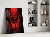 many-eyed monster over a red alley stairway panel resting in a shelving niche in a modern interior