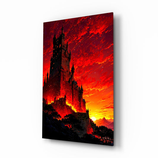 Gothic Castle Crimson Sunset Glass Wall Art - Lifestyle preview in a designer interior