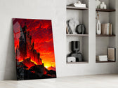 gothic castle under a crimson sunset panel resting in a shelving niche in a modern interior