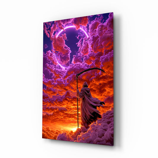 Neon Ring Hooded Reaper in Clouds Glass Wall Art - Lifestyle preview in a designer interior